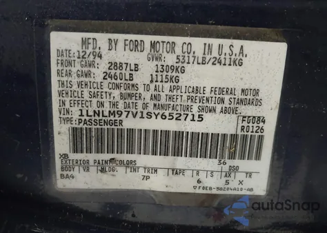 1995 Lincoln Continental z USA, uszkodzony, nr VIN 1LNLM97V1SY652715